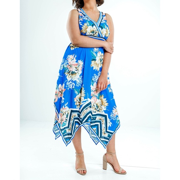 Jealous Tomato blue floral sleeveless asymmetrical hem midi dress M - Picture 11 of 11